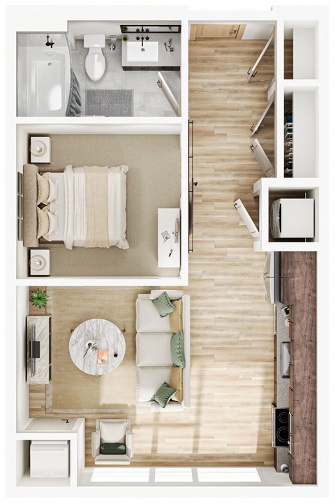 an overhead view of a bedroom with a bathroom and a living room at The Mera, St Louis Park, MN 55426